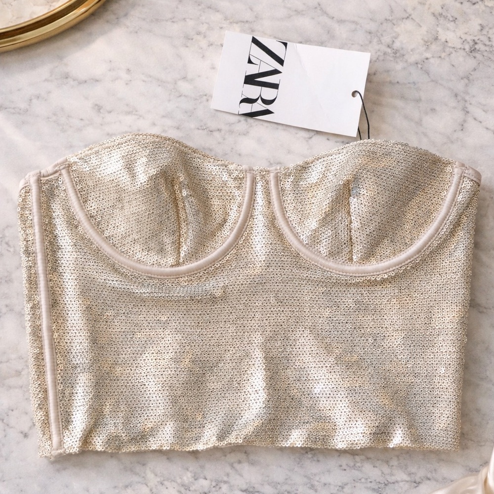 Zara Sequin Corset Bra Top in Champagne
